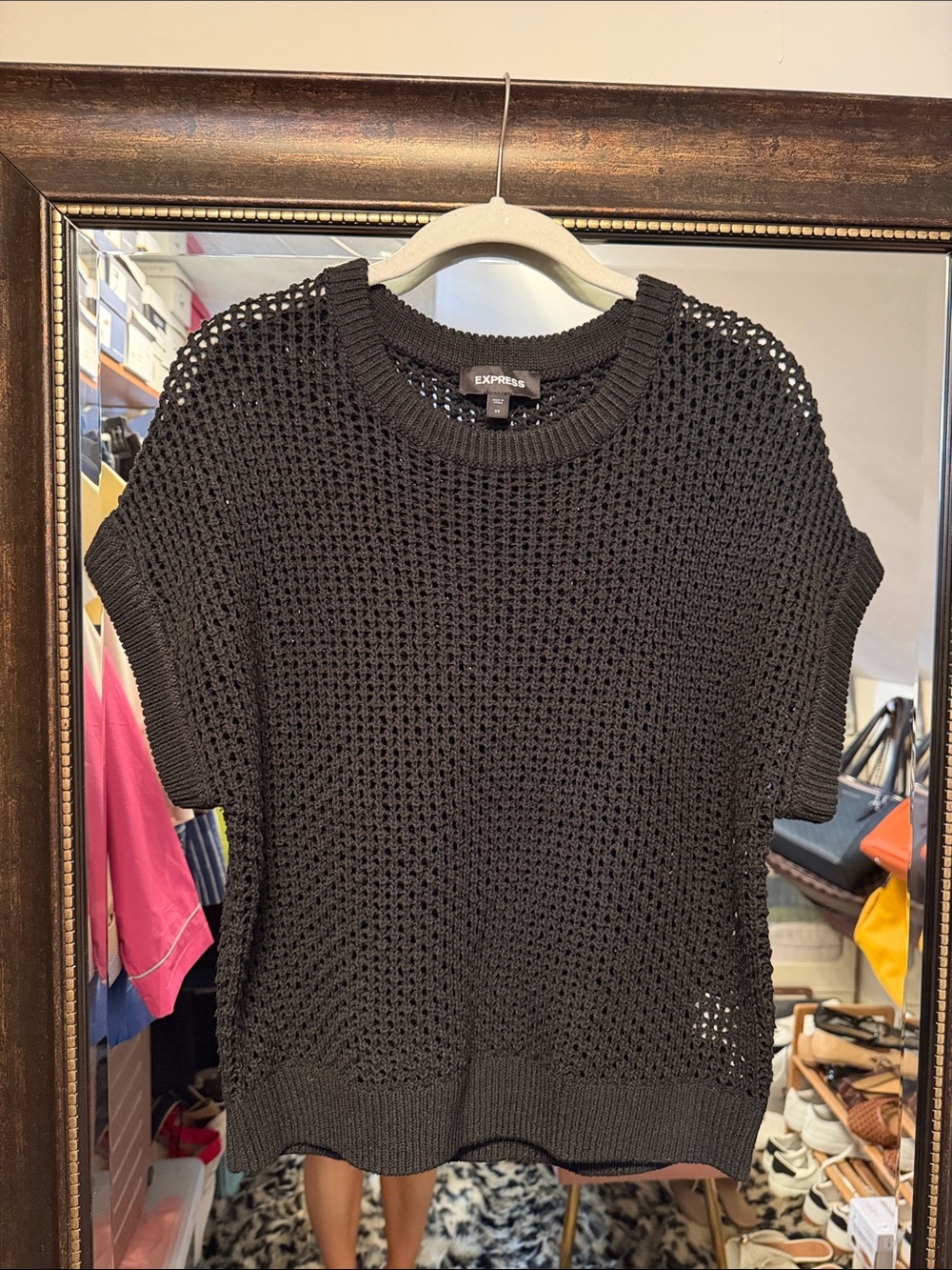 Express Black Open-Knit Short Sleeve Sweater